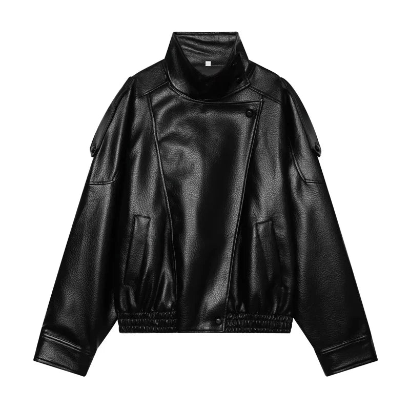 Women's Stand Collar Faux Leather Jacket for Layered Outfits