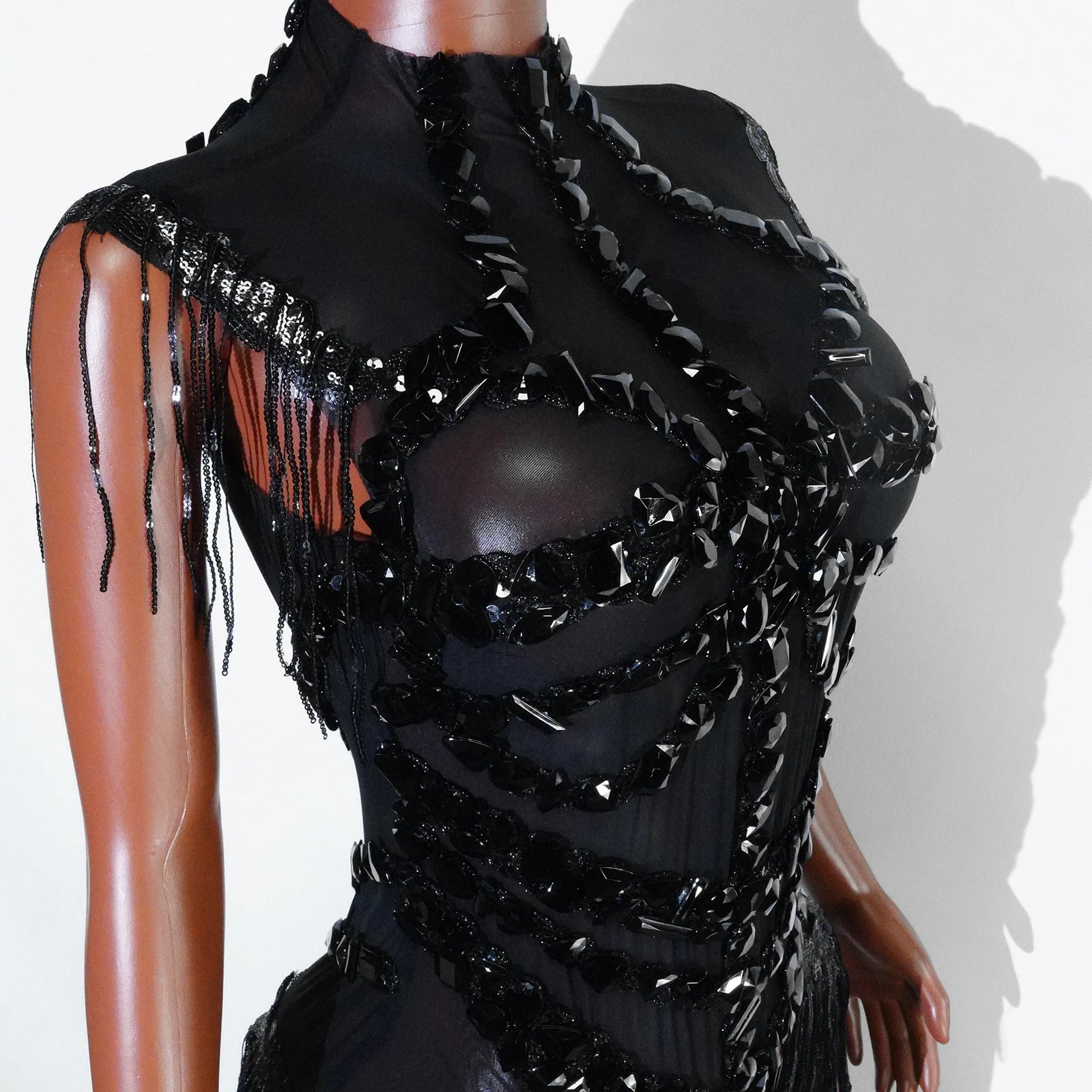 Women's Rhinestone Fringe Mesh Dance Bodysuit for Stage Costume Outfits