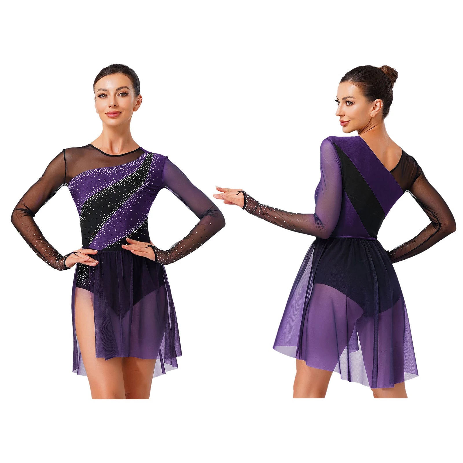 Women's Long Sleeve Mesh Dance Dress with Sequins and Asymmetric Panels
