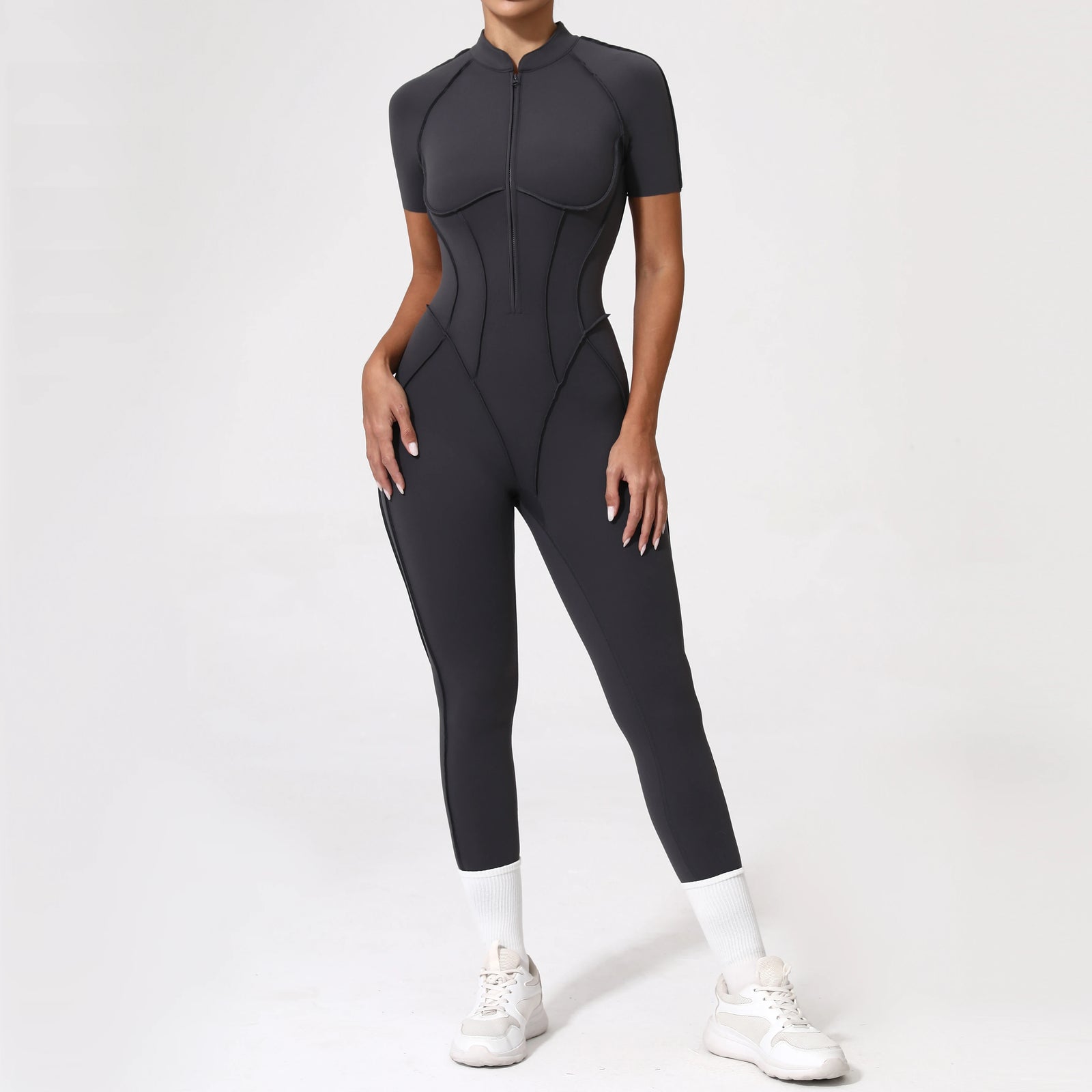 Women's Cap Sleeve Zip Front Back Cutout Workout Jumpsuit