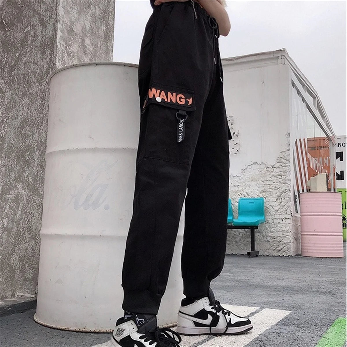 Women's Black Cargo Joggers with Pocket Tabs and Gathered Lower Legs