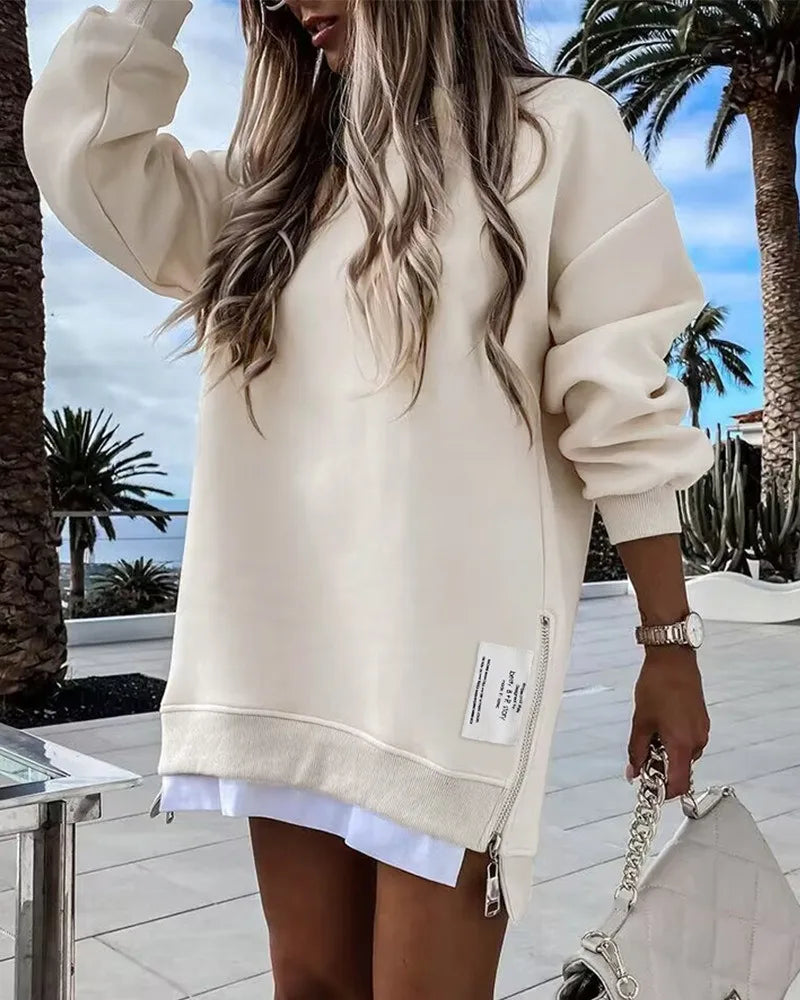 Long Crew Neck Sweatshirt with Side Zip and Layered Hem