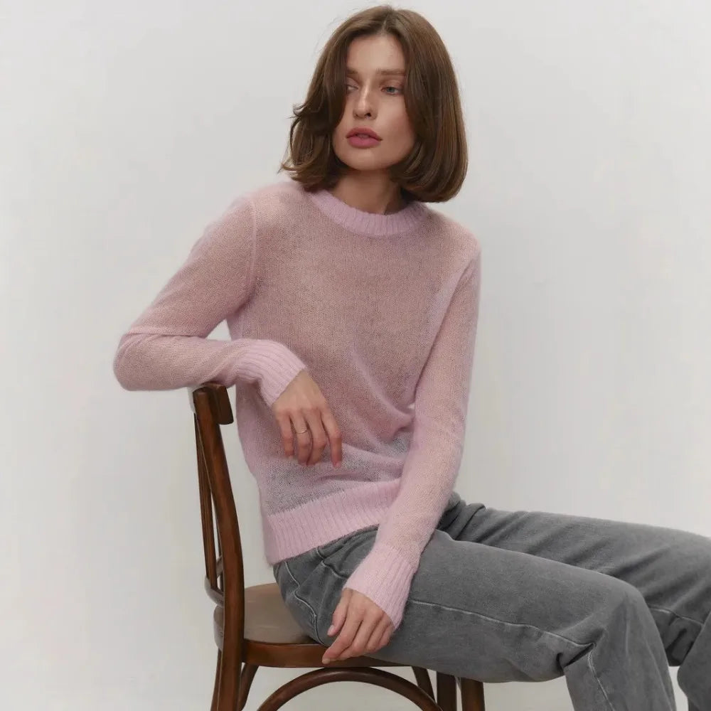 Women's Sheer Crew Neck Long Sleeve Sweater Casual Knit Layer