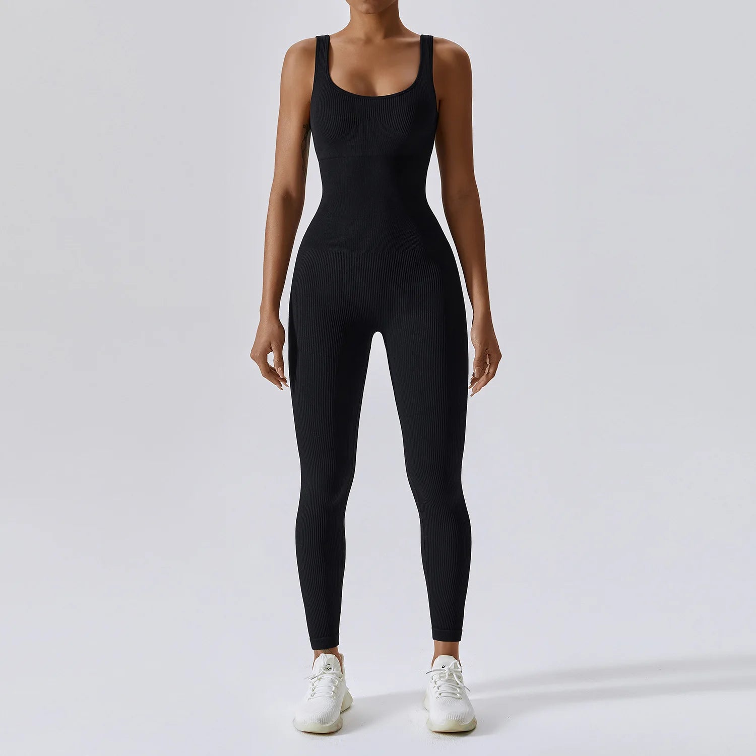 Women's Ribbed Nylon Blend Sleeveless Workout Jumpsuit with Scoop Neck