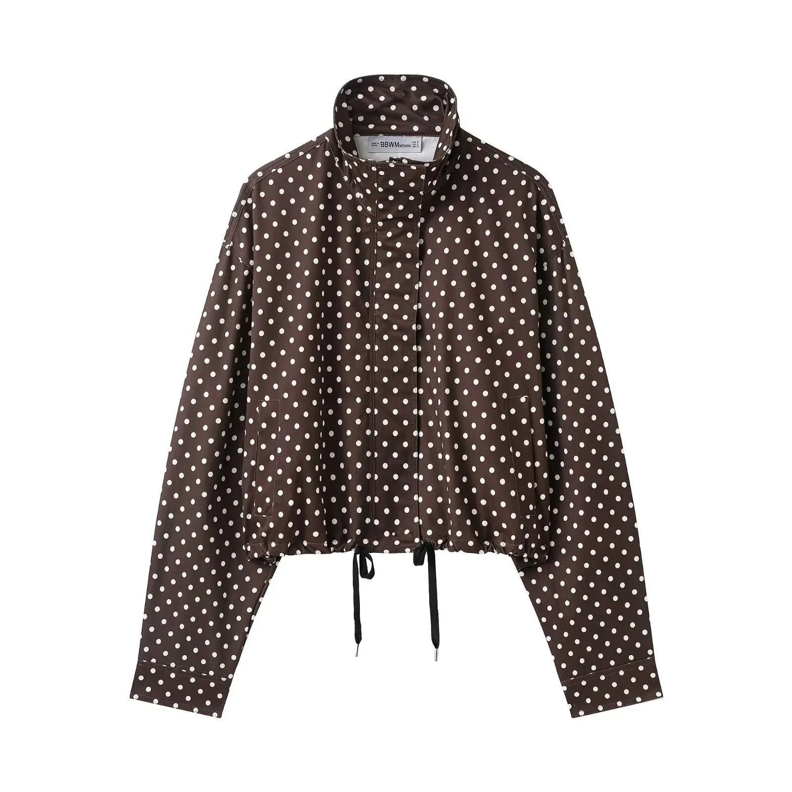 Women's Polyester Polka-Dot Long-Sleeve Zip-Front Collared Jacket with Pockets for Casual Outfits