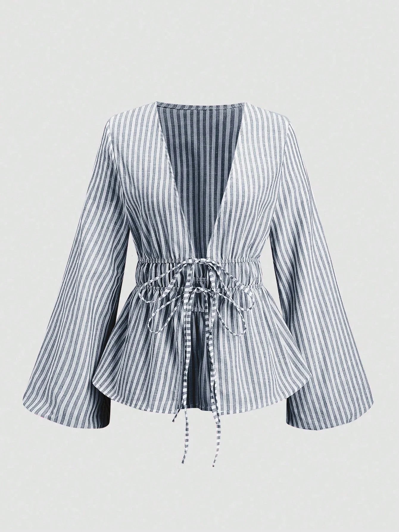Women's Striped Wrap Blouse with Back Tie and Wide Sleeves