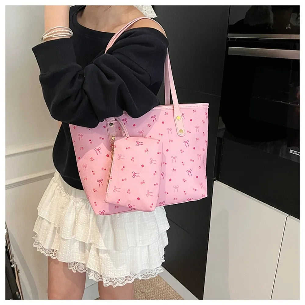 Women's Bow Print Tote Bag with Long Handles and Zipper Closure