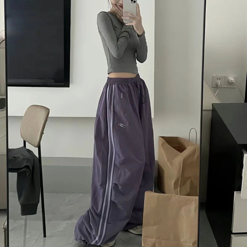 Women's Wide Leg Drawstring Pants with Contrast Side Stripes