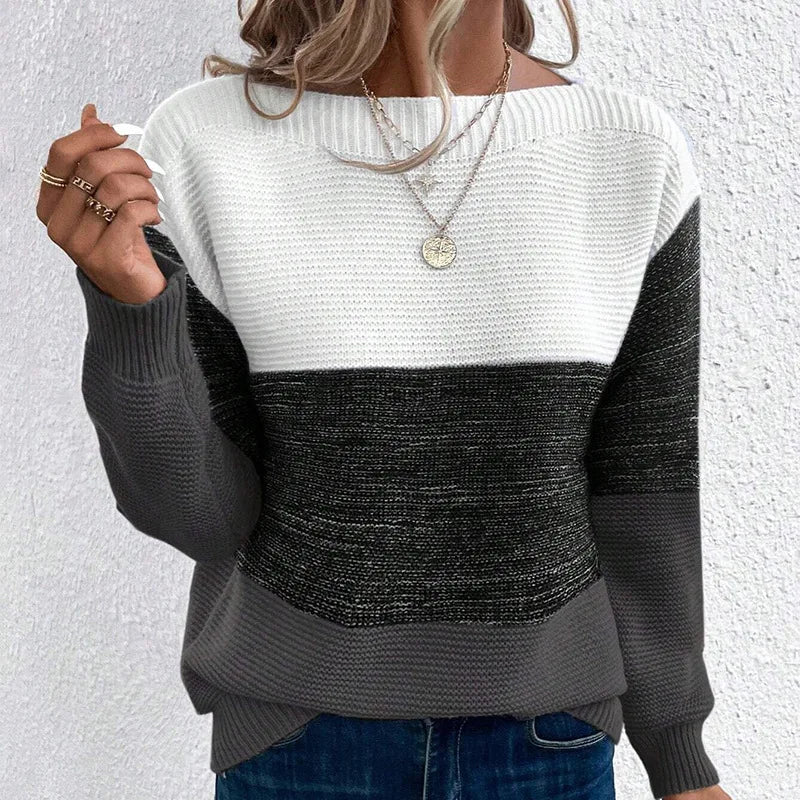 Women's Color Block Crew Neck Sweater Casual Knit Layer