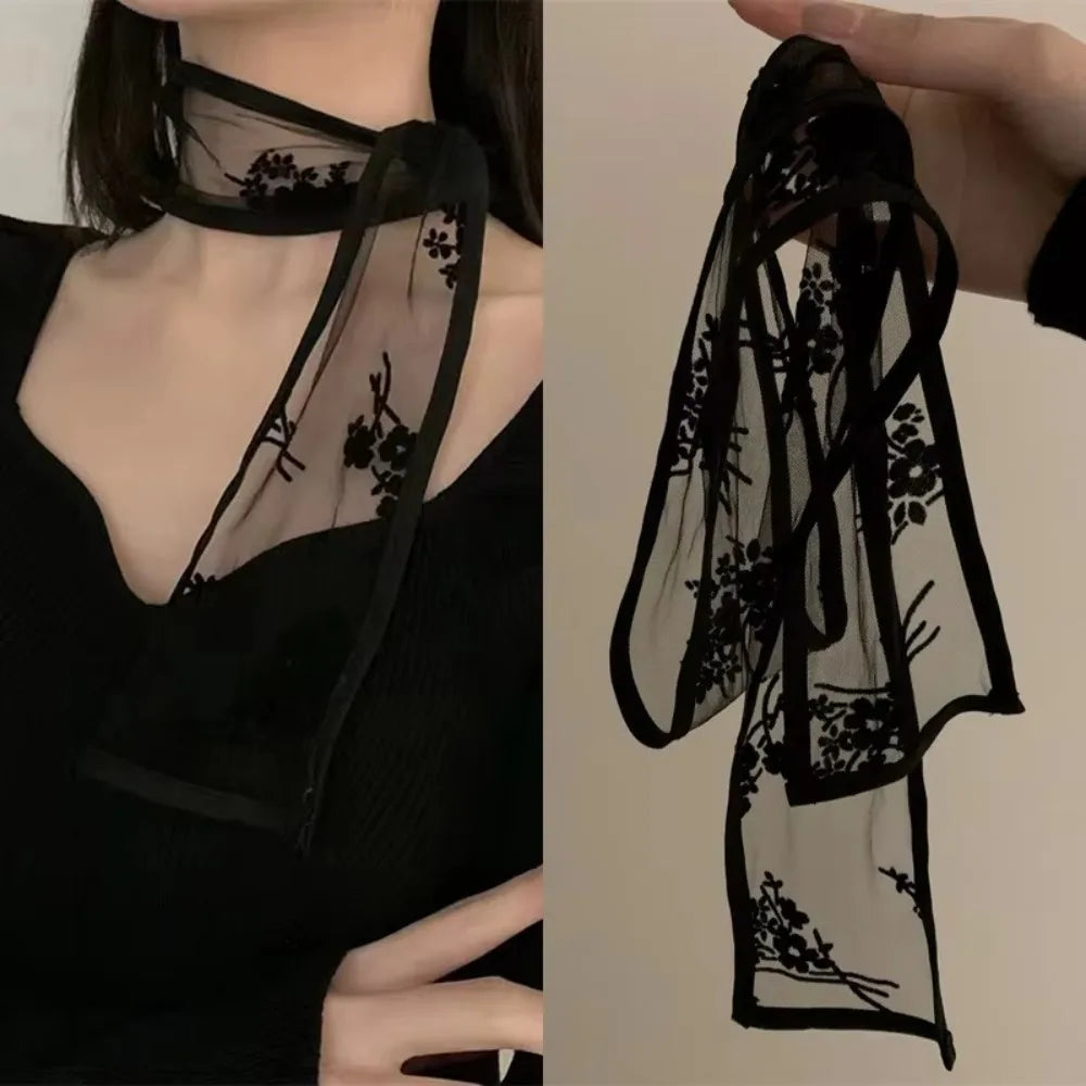 Floral Lace Ribbon Scarf with Sheer Decorative Texture