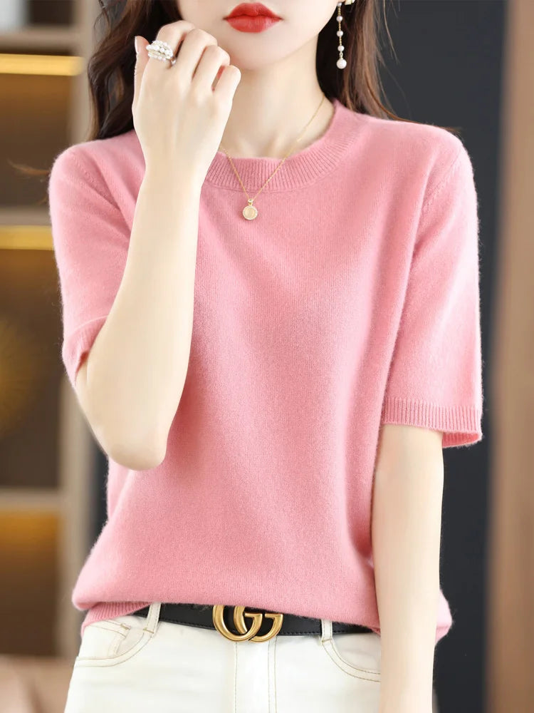 Women's Crew Neck Short Sleeve Sweater Casual Knit Layer