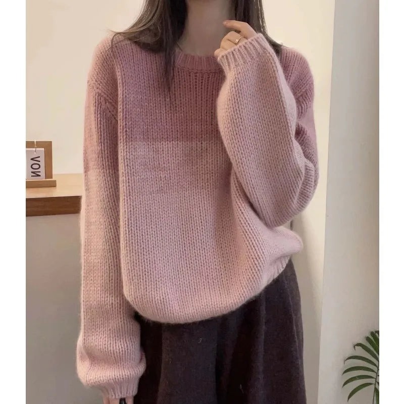 Crew-neck matching striped cashmere sweater women's long-sleeved autumn/winter loose wool base sweater