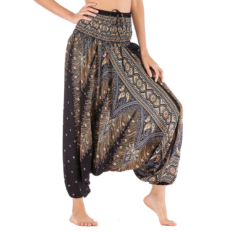 Women's Printed Rayon Harem Pants with Elastic Waist and Convertible Styling