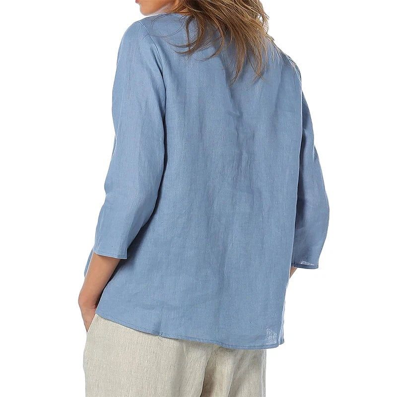 Women's Linen Loose Round-Neck Three-Quarter-Sleeve Blouse with Asymmetric Hem for Summer Outfits