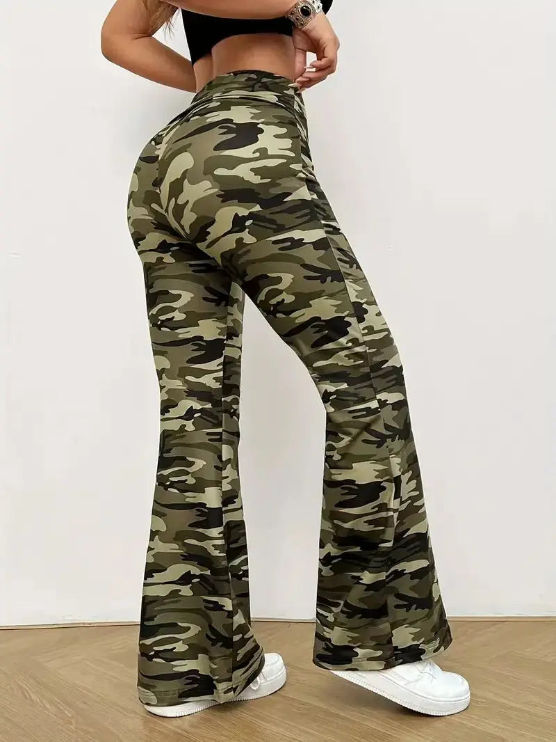 Women's High Waist Camouflage Polyester Flared Pants for Casual Activewear Outfits