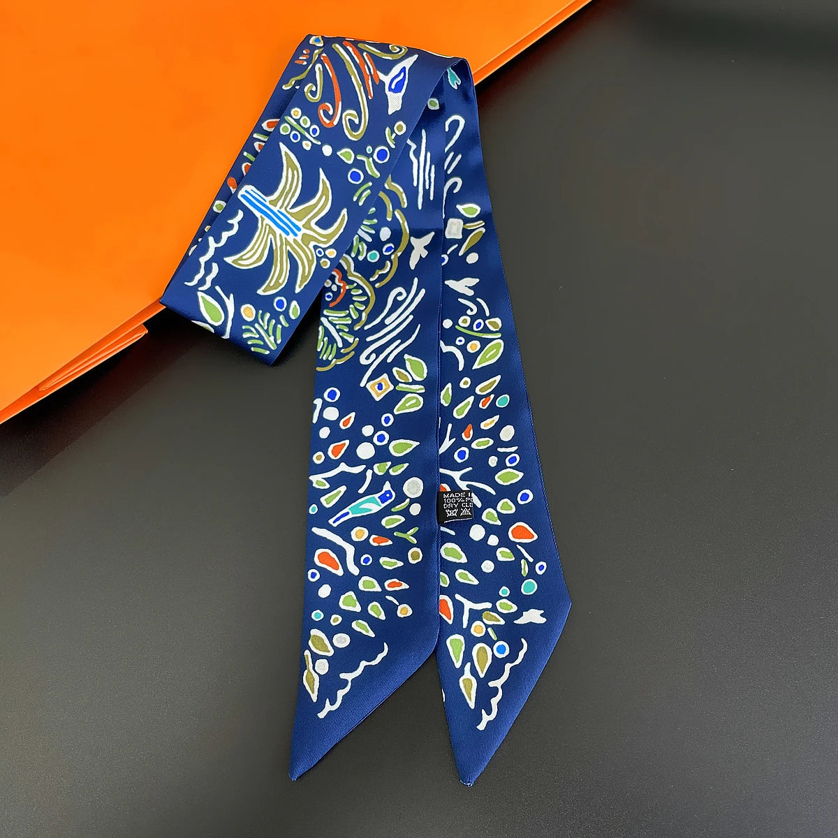 Colorful Printed Skinny Ribbon Scarf with Tie Ends