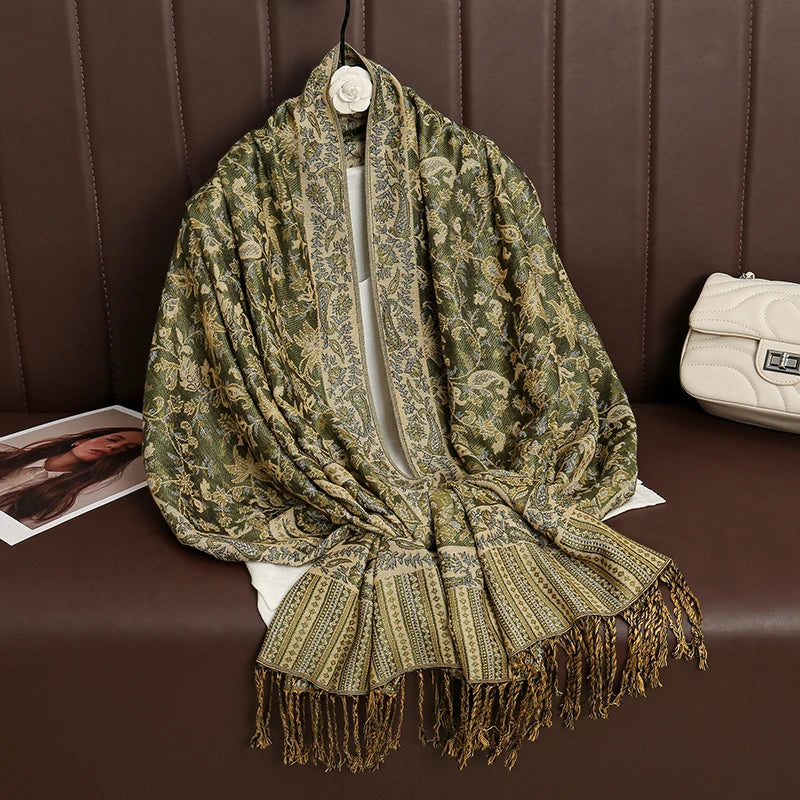 Paisley Floral Print Long Scarf with Fringed Ends