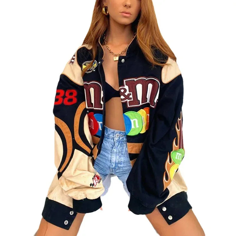 Collared Long Sleeve Loose Fit Casual Streetwear Bomber Jacket