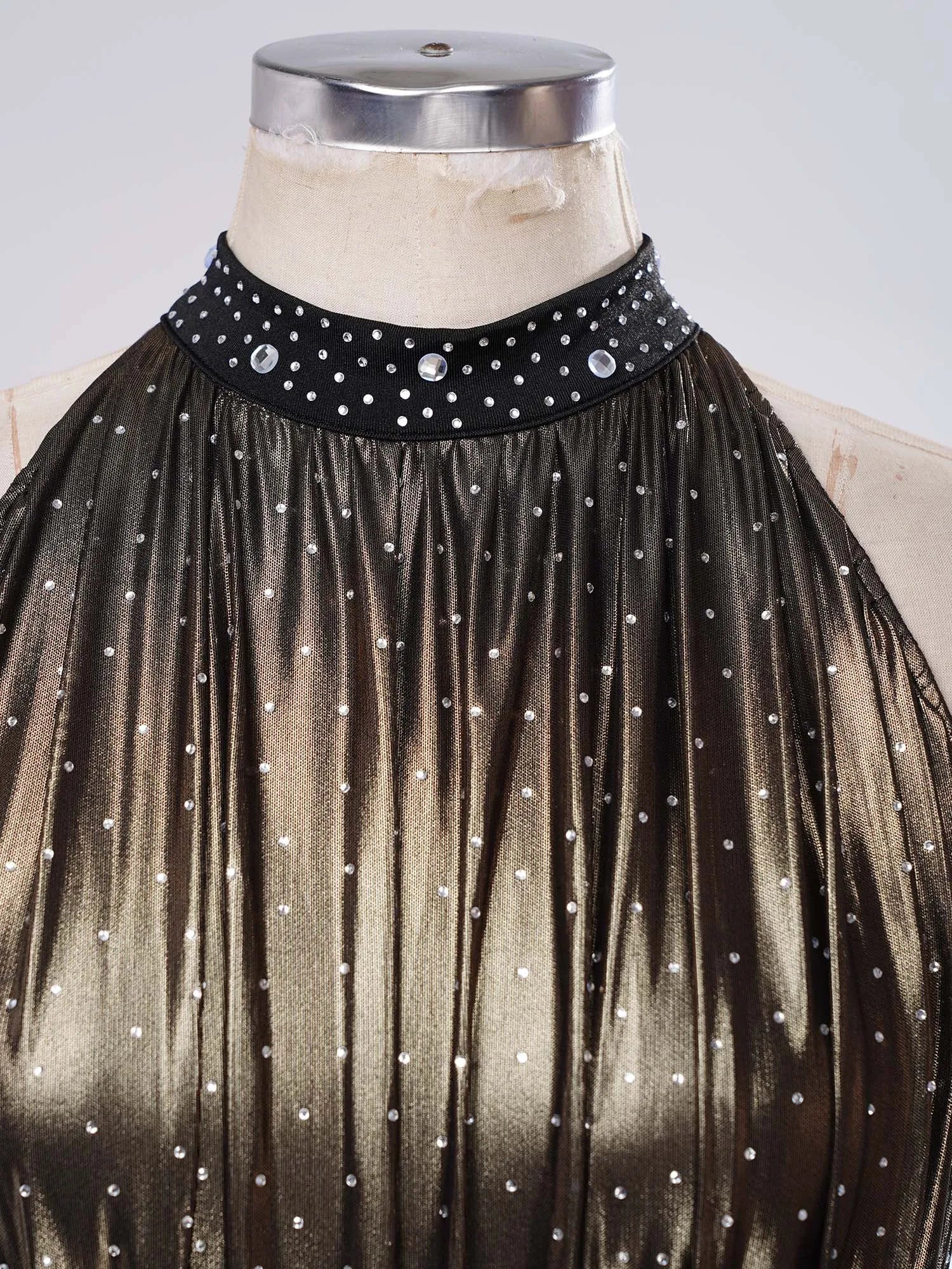 Women's Metallic Halterneck Dance Dress with Rhinestones and Flowing Asymmetric Skirt