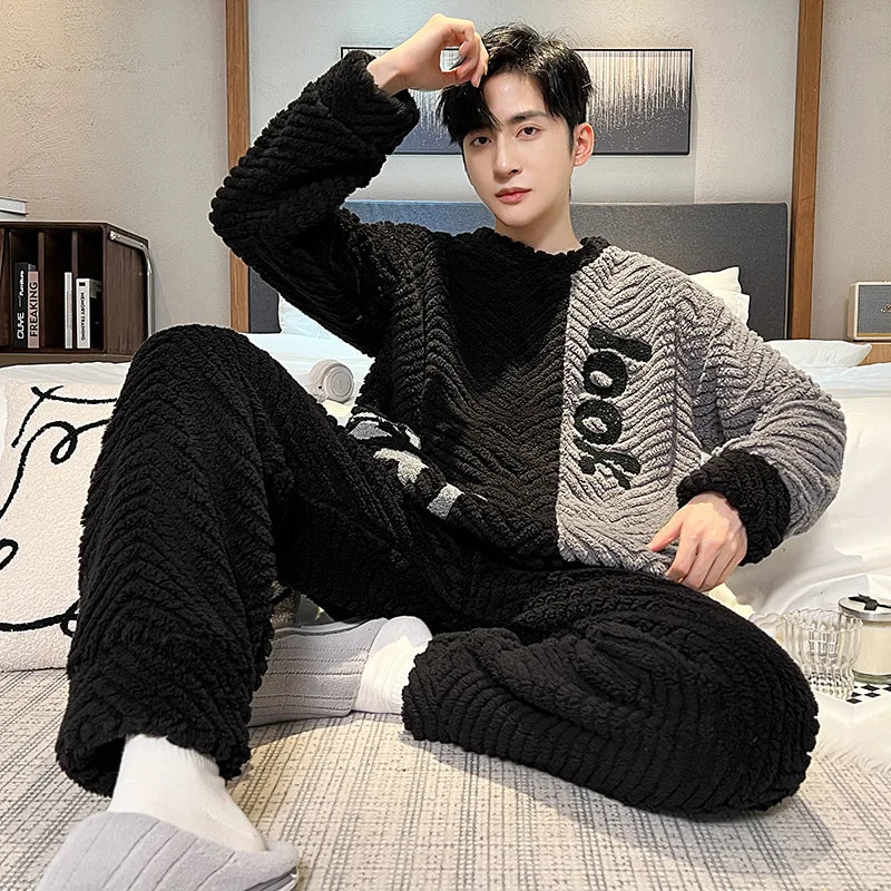 Men's Textured Long Sleeve Top and Pants Pajama Set