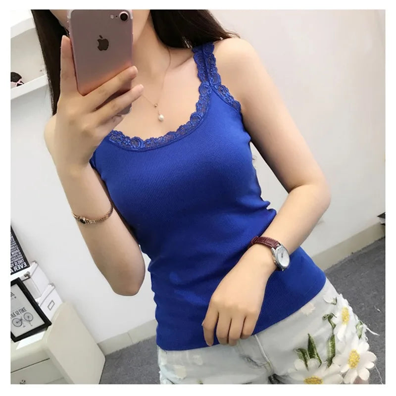 Women's Lace Trim Cotton Tank and Camisole Tops with Multiple Strap Styles