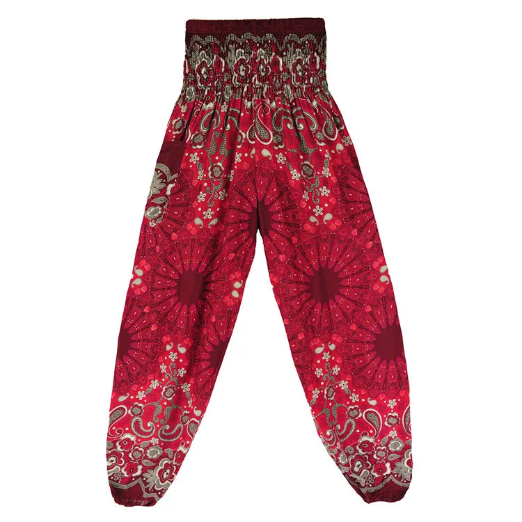 Women's Printed Nylon Harem Pants with Smocked Waist and Convertible Styling
