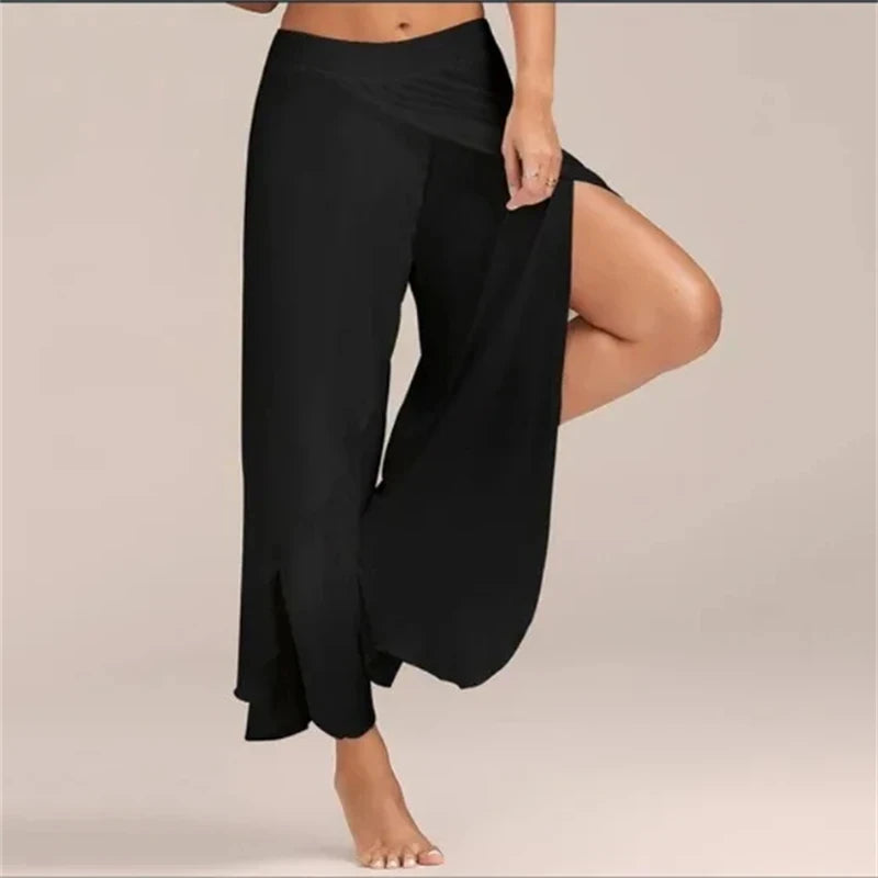 Women's Side Split Polyester Rayon Palazzo Pants with Flowing Wide Legs