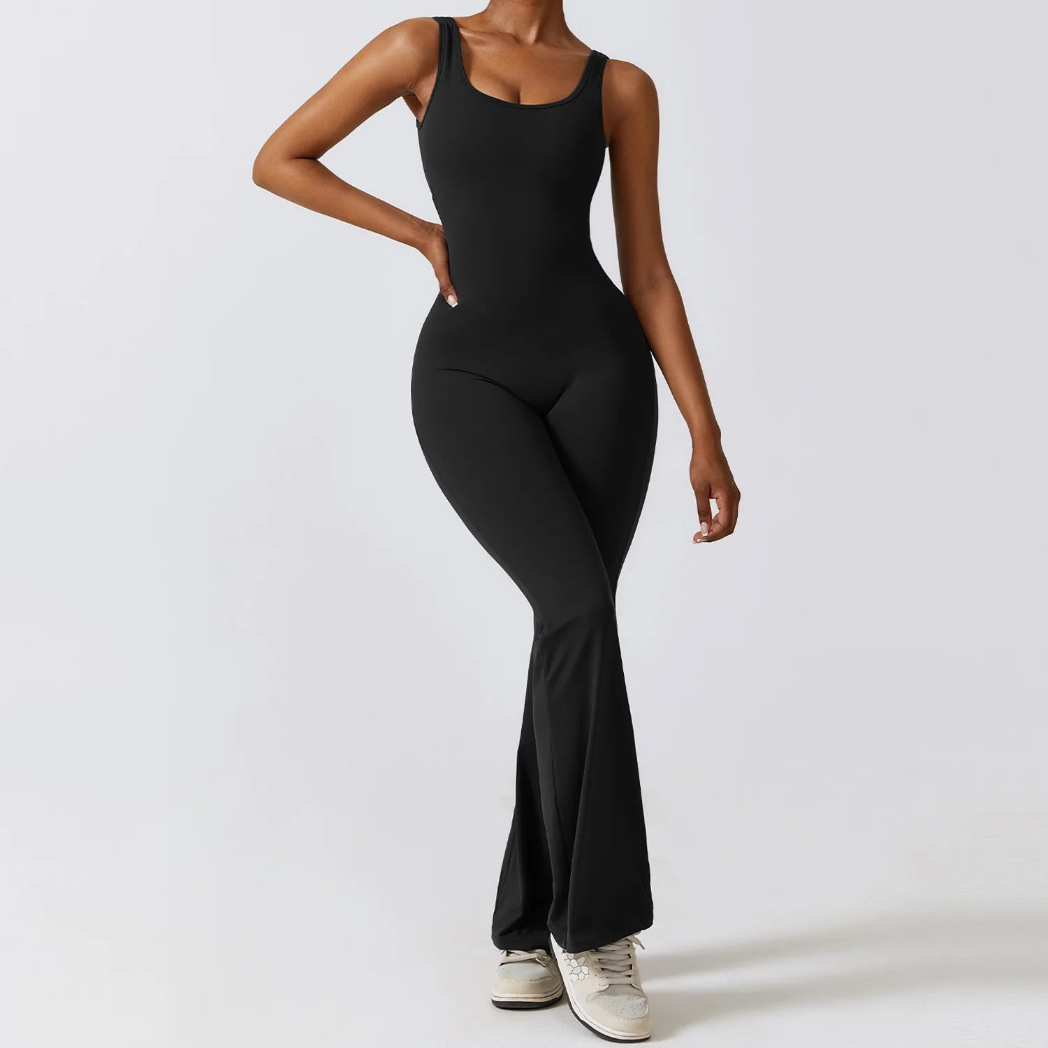 Women's Sleeveless Nylon Blend Flared Workout Jumpsuit with Back Cutout