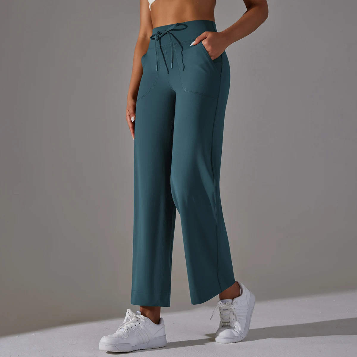 Women's Drawstring Waist Nylon Blend Cropped Wide Leg Pants with Side Pockets