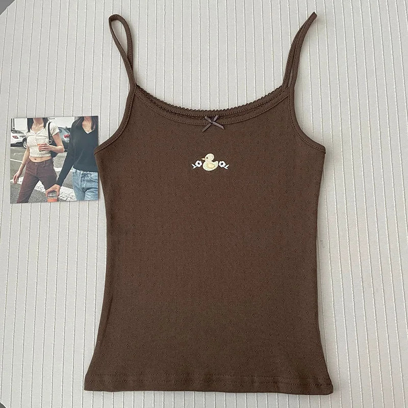 Women's Lace Trim Cotton Camisole with Bow Detail and Multiple Pattern Options