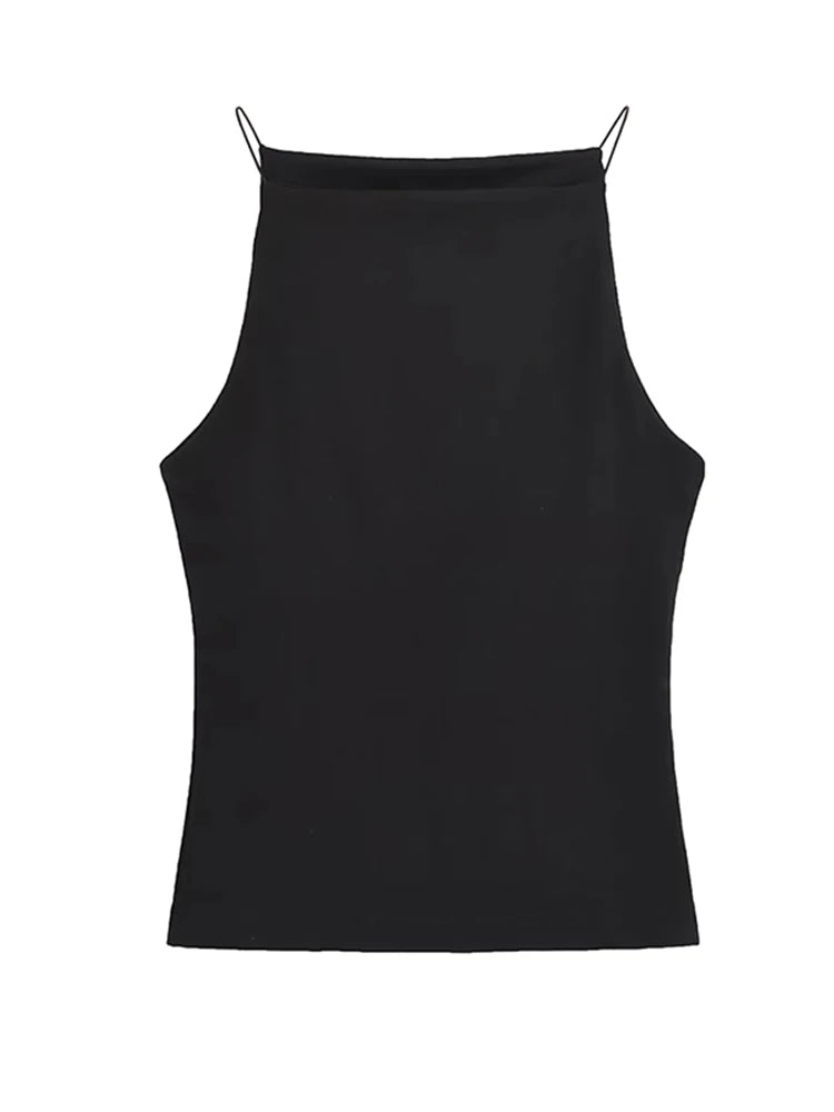 Women's High Neck Cotton Blend Camisole with Thin Straps and Straight Hem