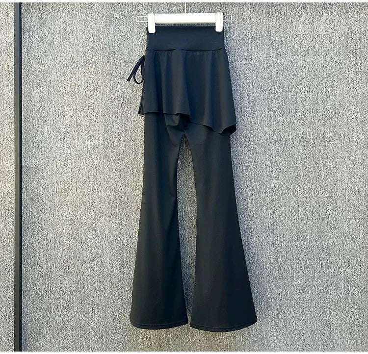 Women's Skirt Overlay Nylon Blend Flared Workout Pants with Side Tie Detail