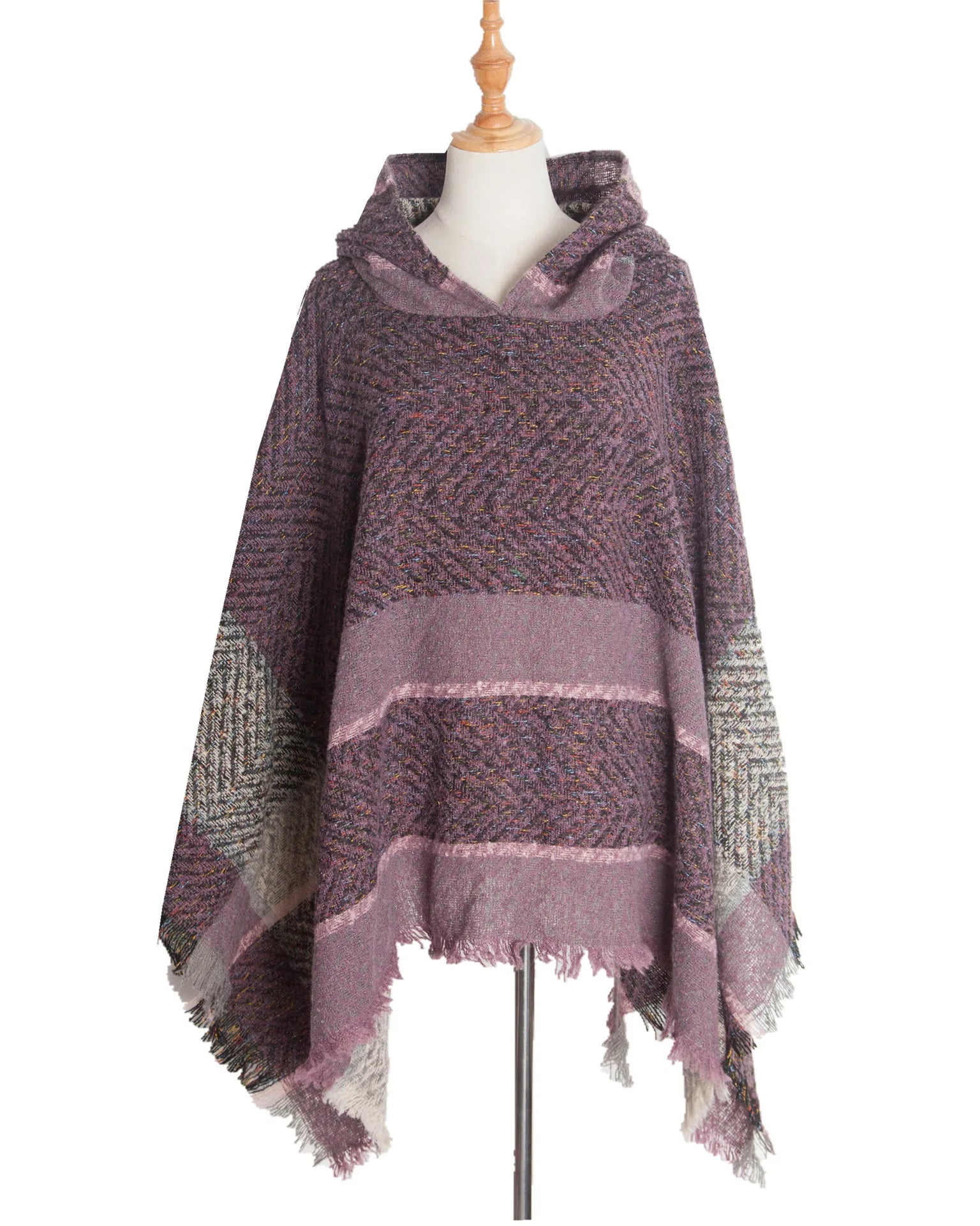 Hooded Herringbone Texture Poncho for Layering over Outfits