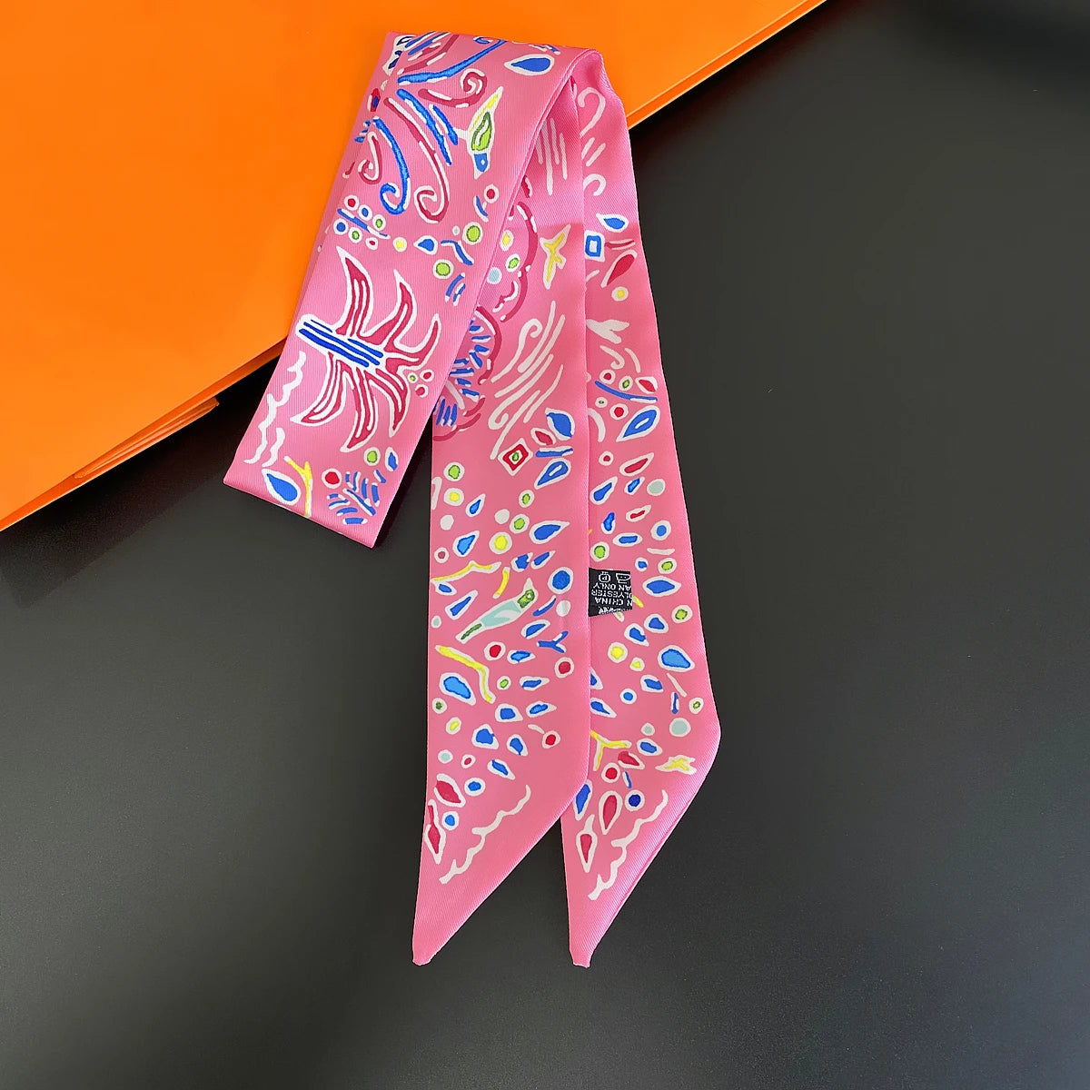 Colorful Printed Skinny Ribbon Scarf with Tie Ends
