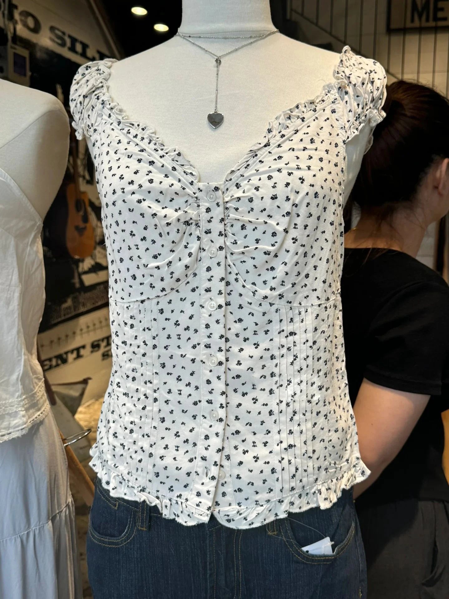 Women's Ruffled Cotton Sleeveless Blouse with Button Front and Mixed Pattern Options