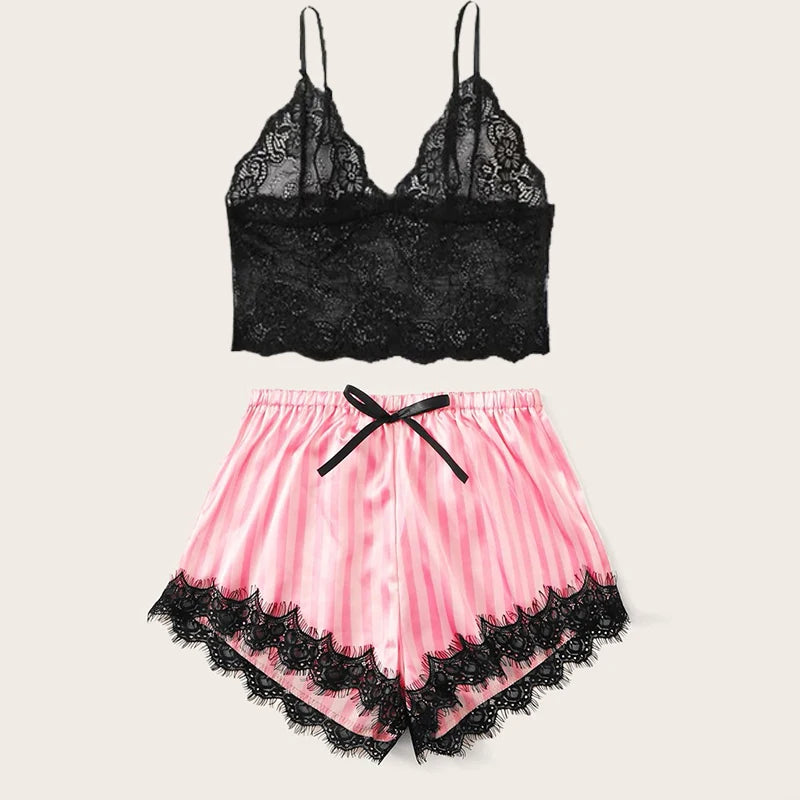 Women's Lace Trim Striped Cami Pajama Set with Top and Shorts