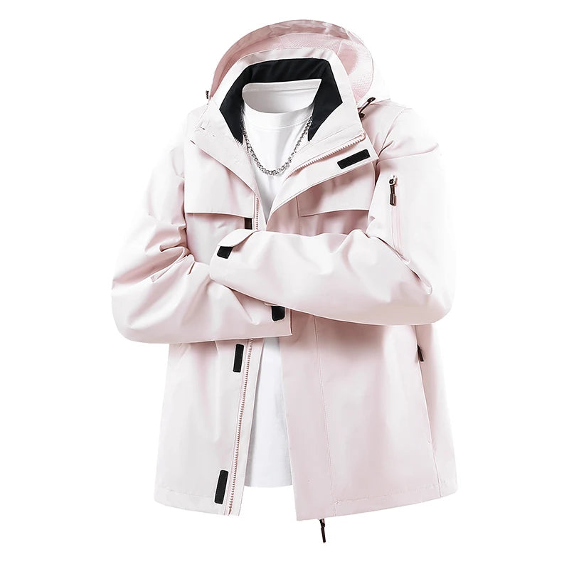 Hooded Zip-Up Outdoor Jacket with Adjustable Hood and Front Pockets