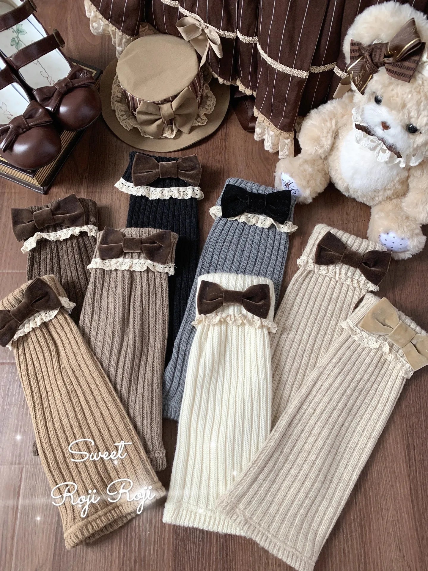 Ribbed Leg Warmers with Decorative Lace and Bow Trim