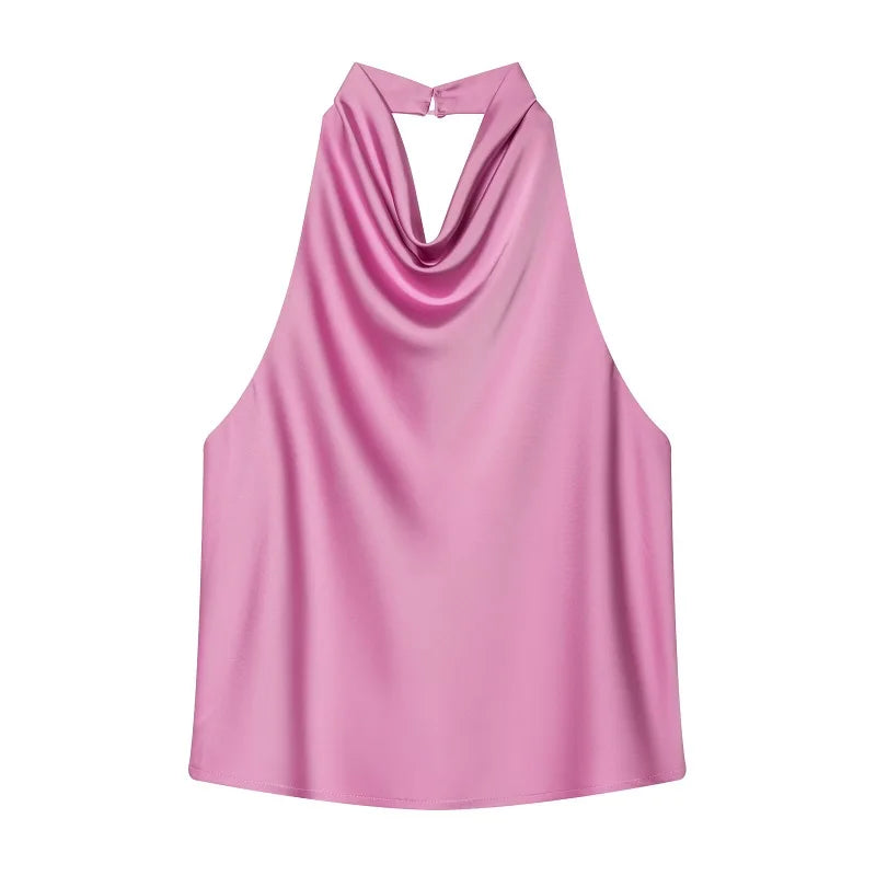 Women's Satin Polyester Halter Camisole with an Open Back and Draped Front