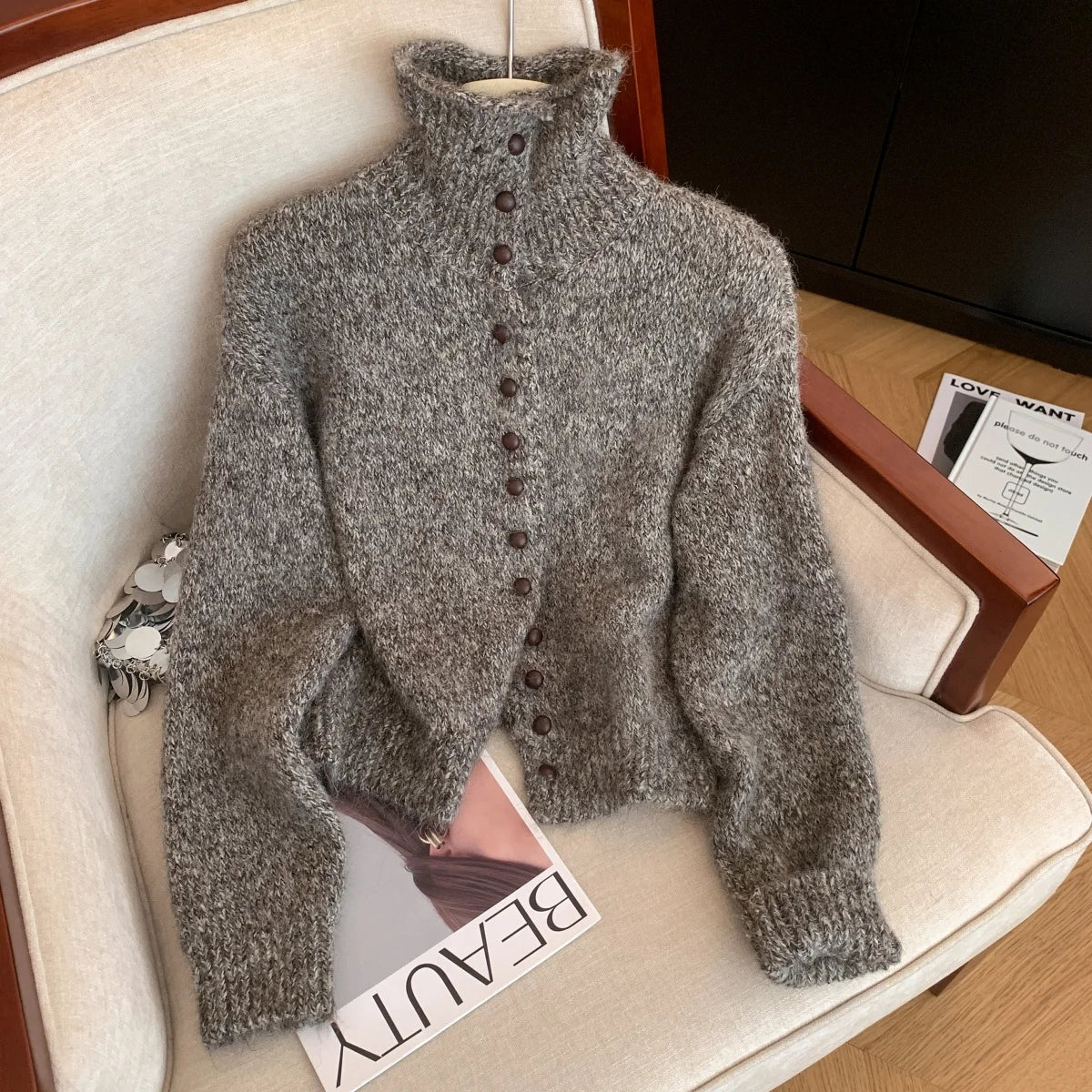 Women's Fluffy High Neck Button Front Cardigan Casual Knit Layer