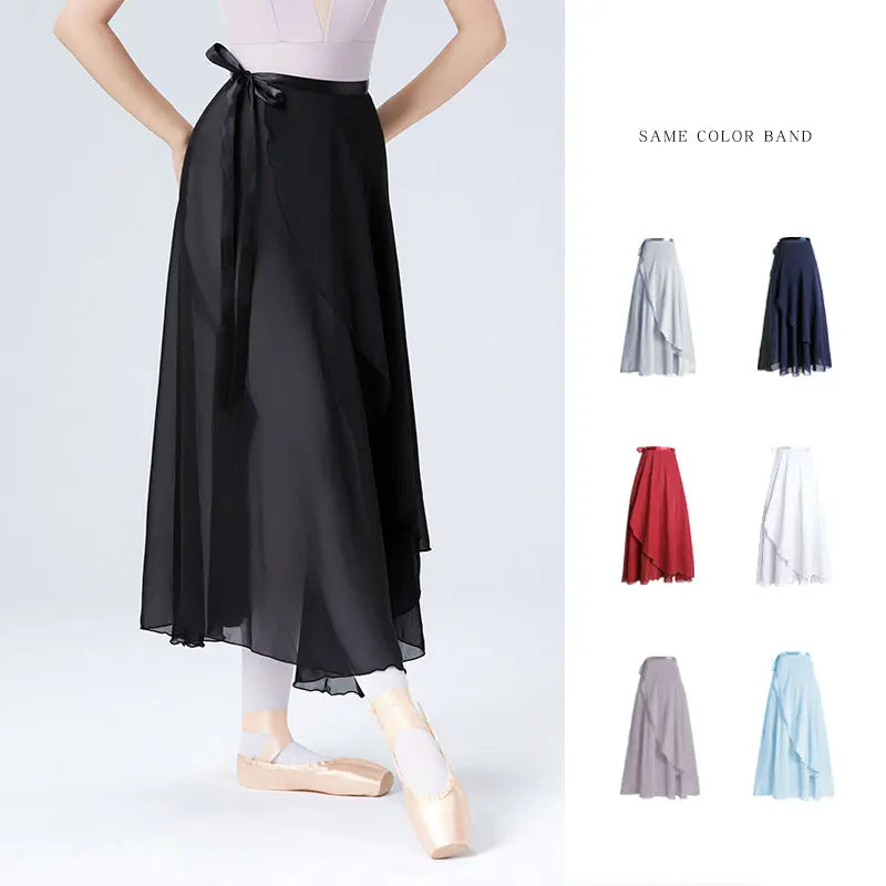 Women's Long Chiffon Ballet Wrap Skirt with Tie Waist Closure