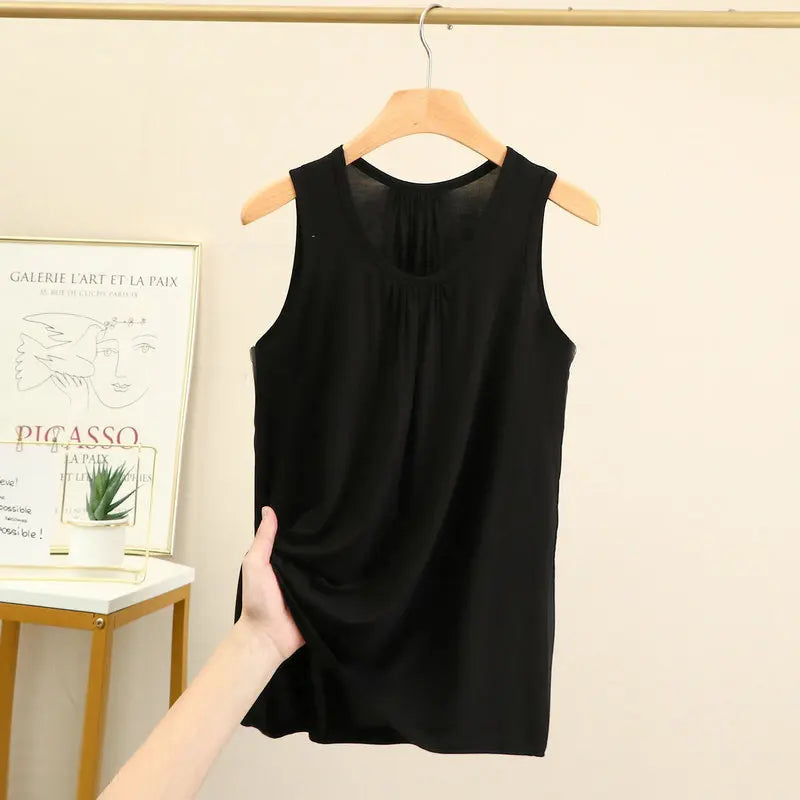 Women's Gathered Neck Polyester Modal Tank Top with Loose Sleeveless Fit