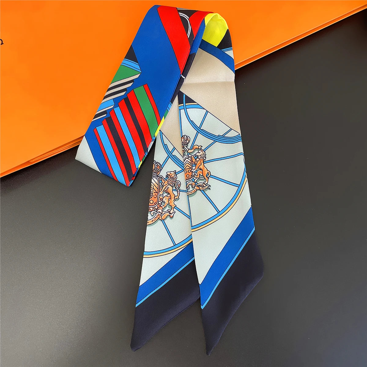 Colorful Printed Skinny Ribbon Scarf with Tie Ends