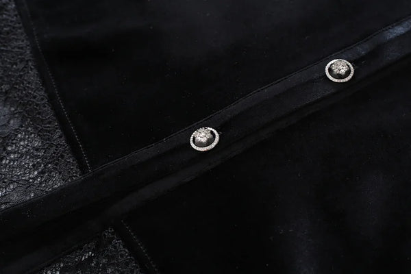 Women Turn Down Collar Crocheted Lace Single Breasted Cardigan Mid Length A Line Velvet Ruffled Sleeveless Jackets