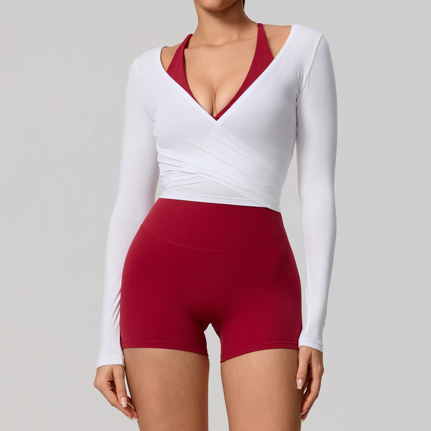 Women's Wrap Tie Front Long Sleeve Crop Top