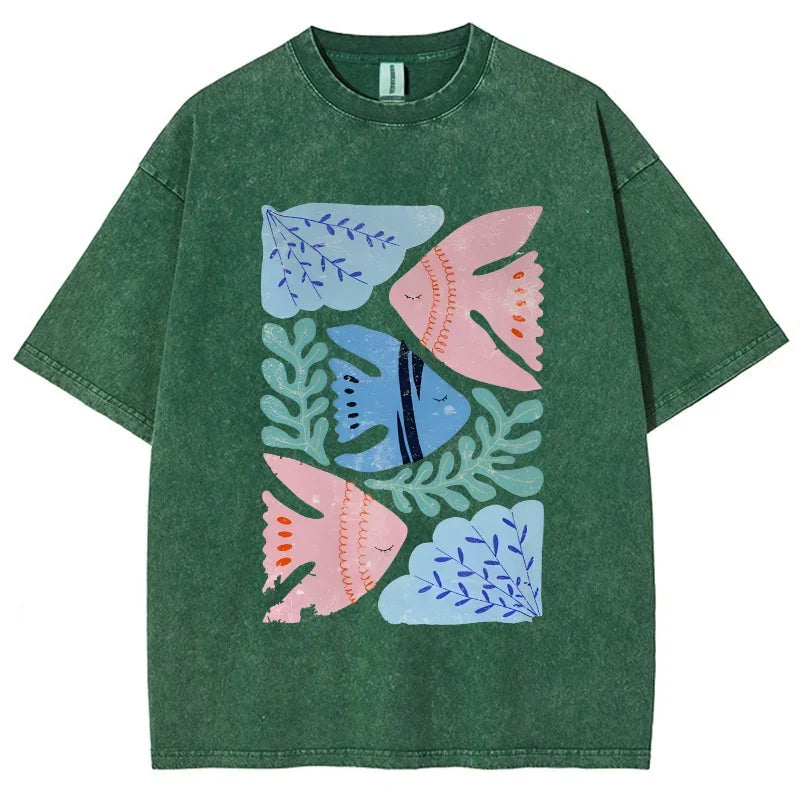 Feng Shui Minimalist Cartoon Printed Men's T-shirt Large Loose T-shirt Casual Retro Washed Short Sleeved T-shirt