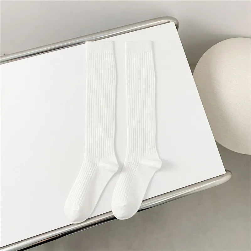 Solid Ribbed Knee High Socks with Shaped Heel