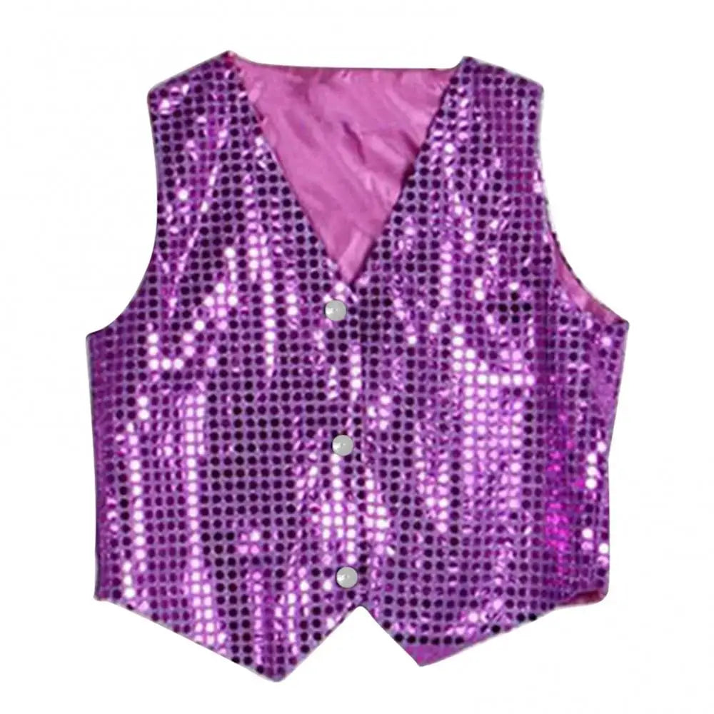 Children's Sequin Sleeveless Button Front Dance Performance Waistcoat Vest