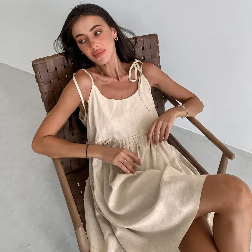 Women's Cotton-Linen Sleeveless Mini Dress with Tie Straps for Casual Summer Outfits