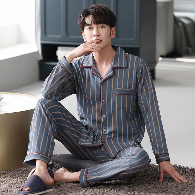 Men's Striped Button Front Long Sleeve Shirt and Pants Pajama Set